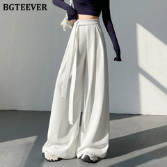 High waist wide-leg suit pants with lace-up in long length