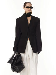 Black V neck asymmetric blazer with padded shoulders in slim fit