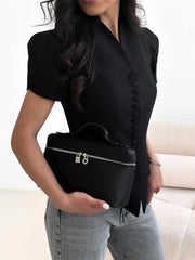 TWOTWINSTYLE Fashionable Irregular Hem Shirt for Women V Neck Lantern Sleeves Spliced Single Breasted Slimming Shirts Female New