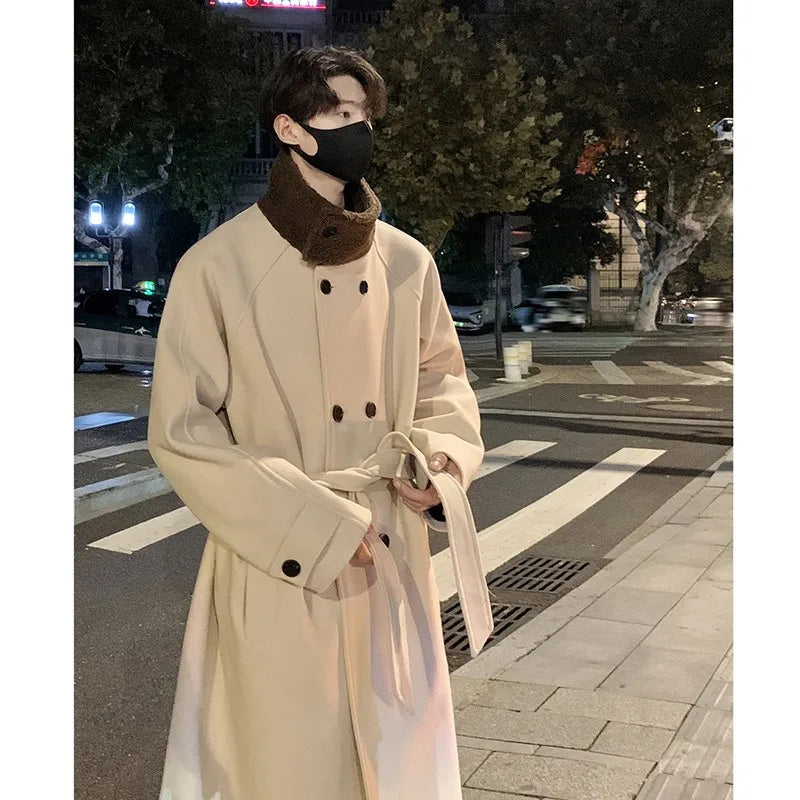 Men's Lamb wool Patchwork Woolen Overcoat Men High-end Stand Collar Casual Loose Korean Style Winter New Elegant Trench Coat