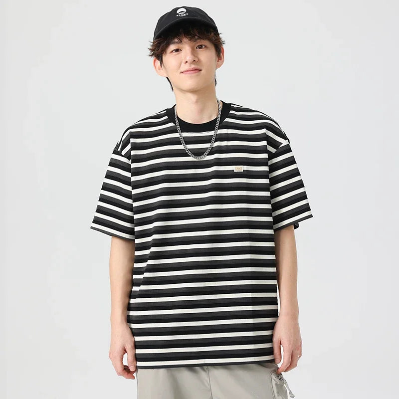 Men Summer Stripe Short Sleeve Tshirt Women Streetwear Fashion Loose Casual T Shirts Campus Boys Girls Unisex Hip Hop T-shirt