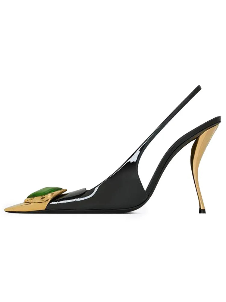 Square toe high heel sandal with gemstone detail