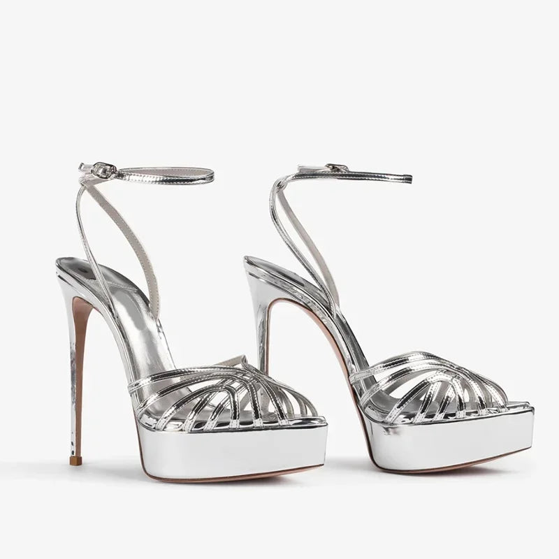 Pointed toe platform sandal with narrow band and thin heel
