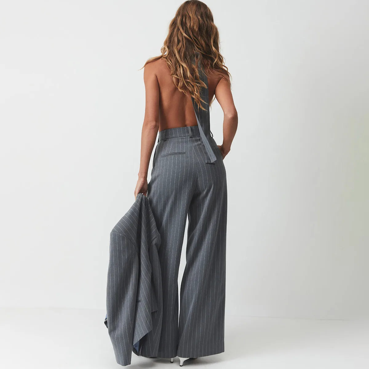 Pinstripe blazer two-piece set with choker neck and wide-leg pants
