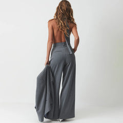 Pinstripe blazer two-piece set with choker neck and wide-leg pants