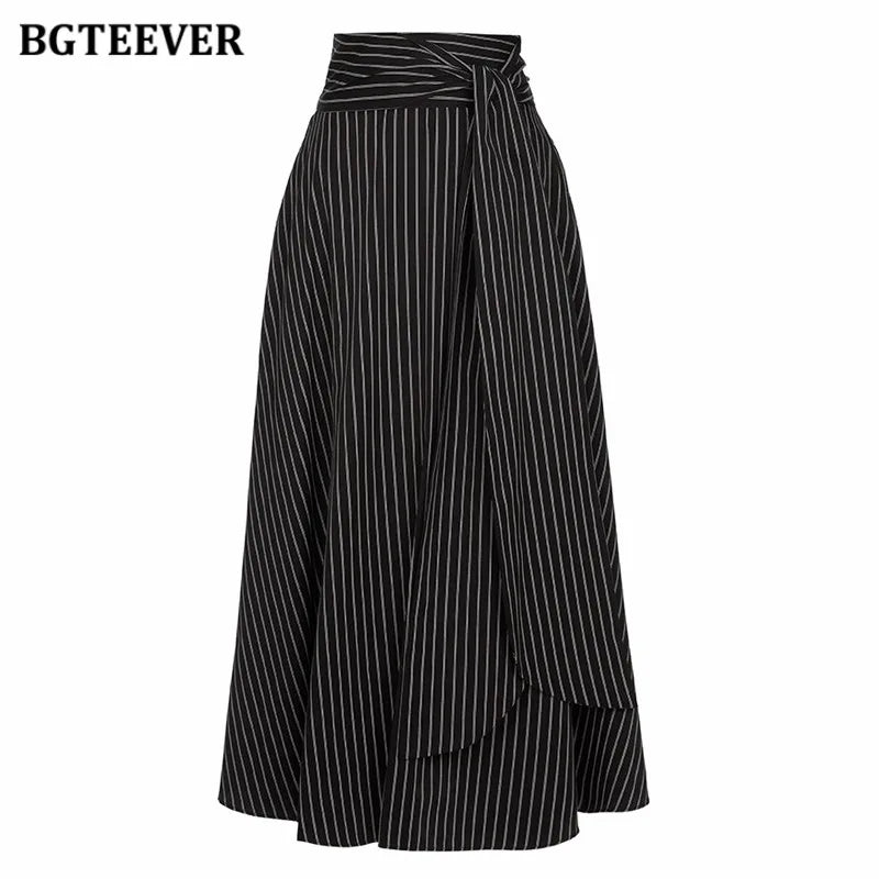 A-line long striped skirt with lace-up and irregular hem