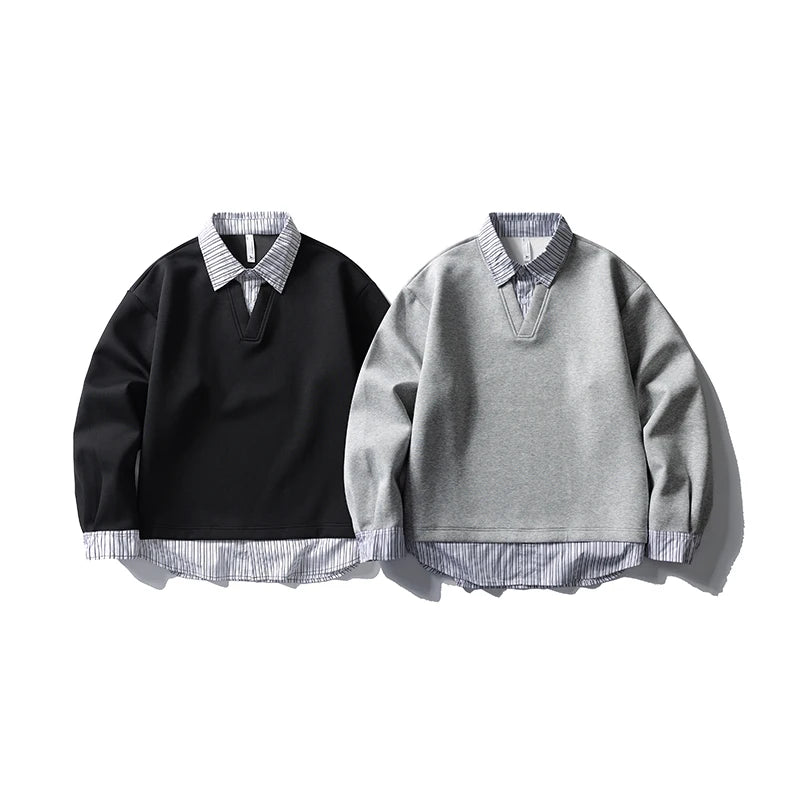 Autumn Splice Stripe Shirt Collar Oversize Sweatshirt Men Loose Casual Streetwear Fashion Pullover Sweatshirts Hoodie Tops