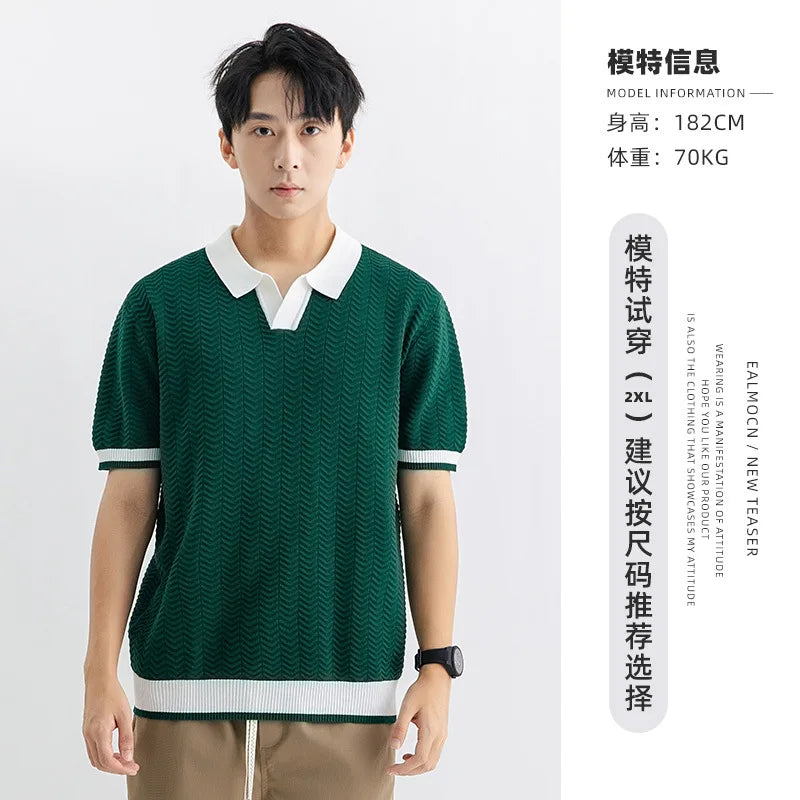 Polo Shirt Men Summer Ice Silk Short Sleeve Business Casual Vintage Knitted T-shirt Man Korean Streetwear Fashion T Shirts Tops