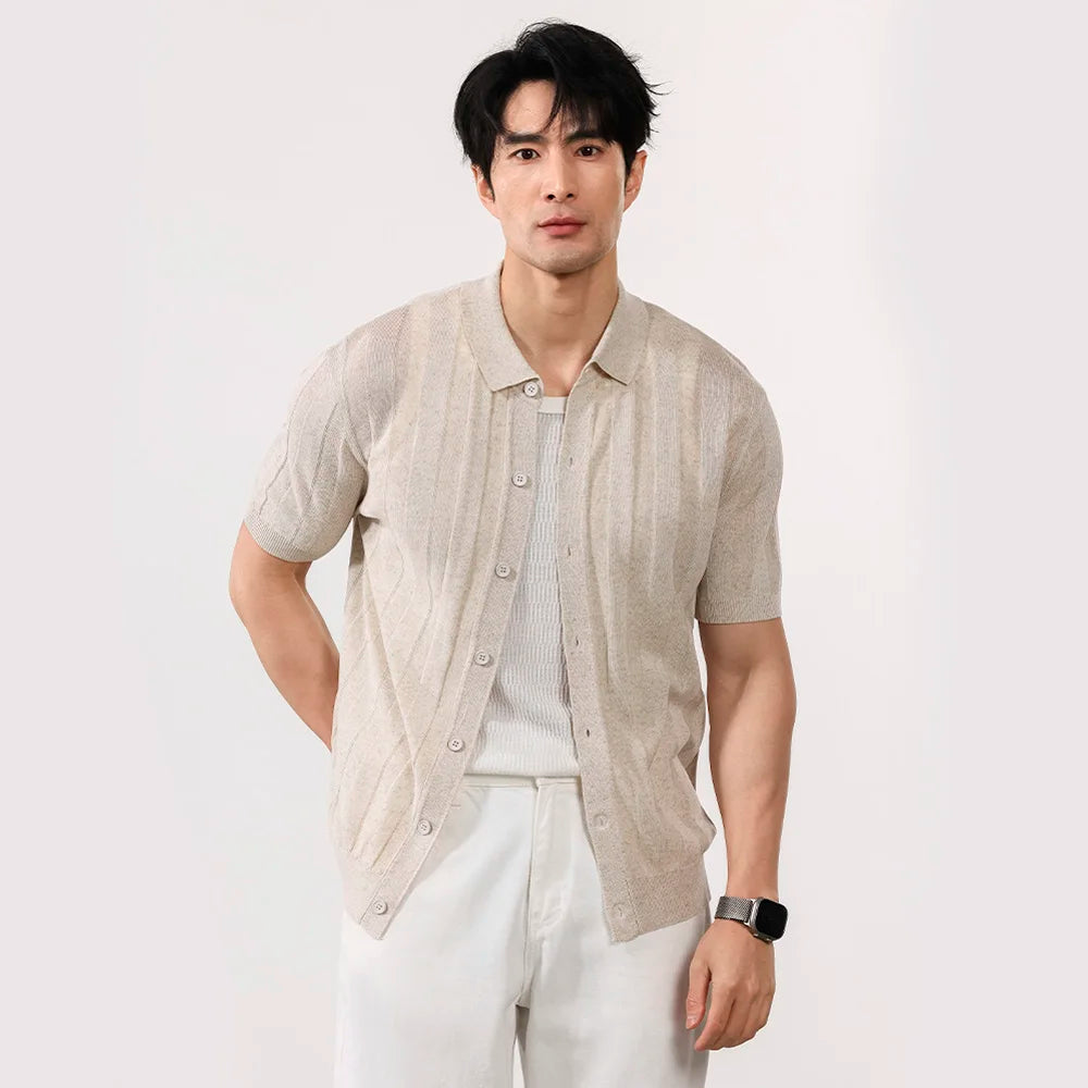 Men Summer Business Casual Fashion Vintage Short Sleeve Knitted Stripe Cardigan Polo Shirt Male Commute Sweater T-shirt Tops