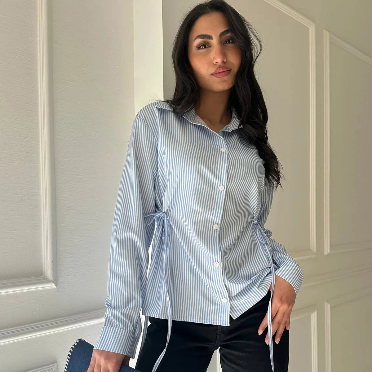 BJTZ 2026 Spring Autumn Women Striped Waist Tie Shirt Elegant Office Work Wear Casual Slim Tops