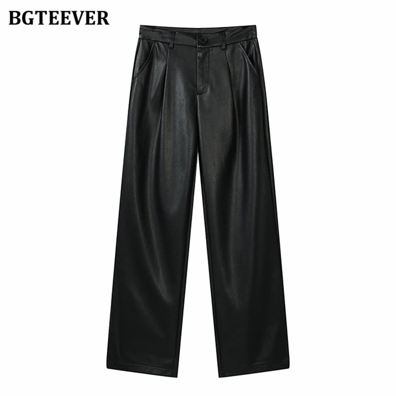 High waist wide-leg long trousers in PU leather with side pockets