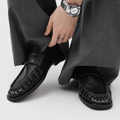 Men's Black Genuine Leather Loafers Square Toe Wrinkle Design Slip-On Casual Dress Shoes Vintage British Style Comfortable Flat