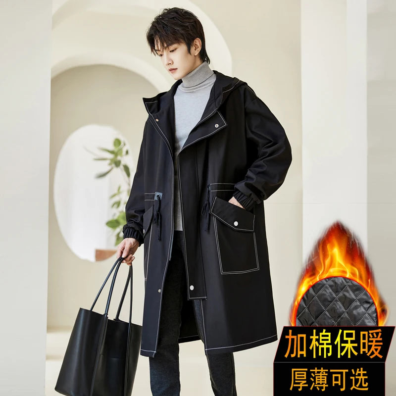 Korean Style Cotton-lined Windbreaker Men New Fashion Solid Color Trench Coat Autumn Winter Men's Casual Loose Thick Warm Coat