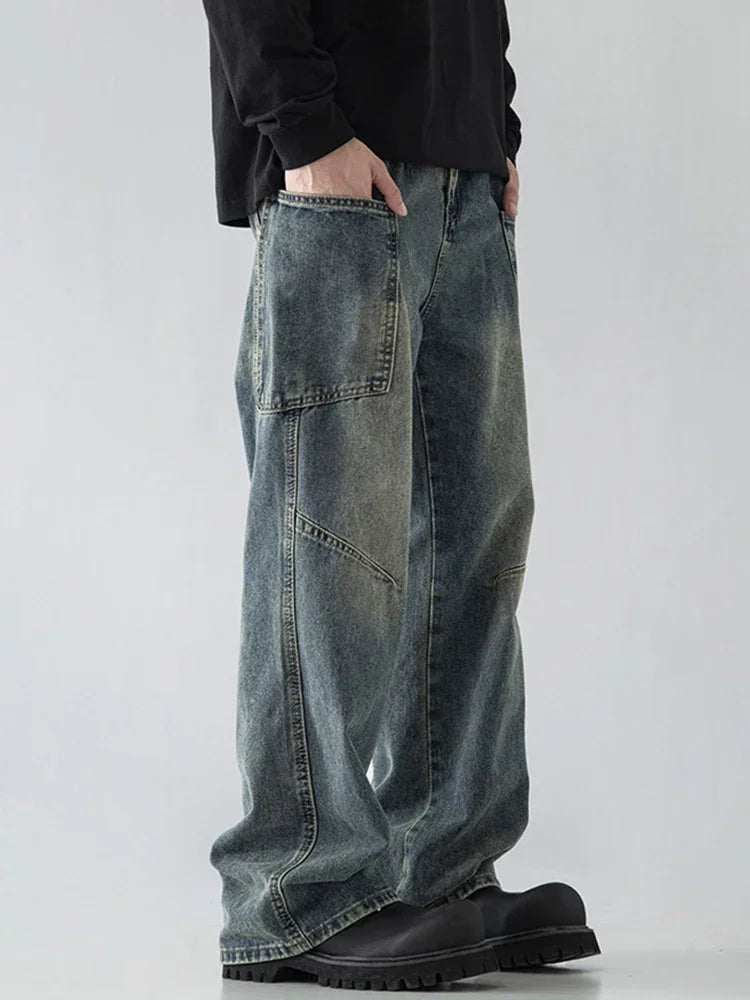Spring Men's Vintage Multi-Pocket Cargo Jeans Y2K Vintage Distressed Baggy Denim Pants 2025 High Street Straight Wide Leg Jean