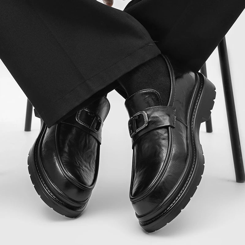 Men's Black Leather Loafers Niche Edgy Style Diamond Buckle Decor Chunky Sole Comfy Cushioned Insole Trendy Young Vibe Casual