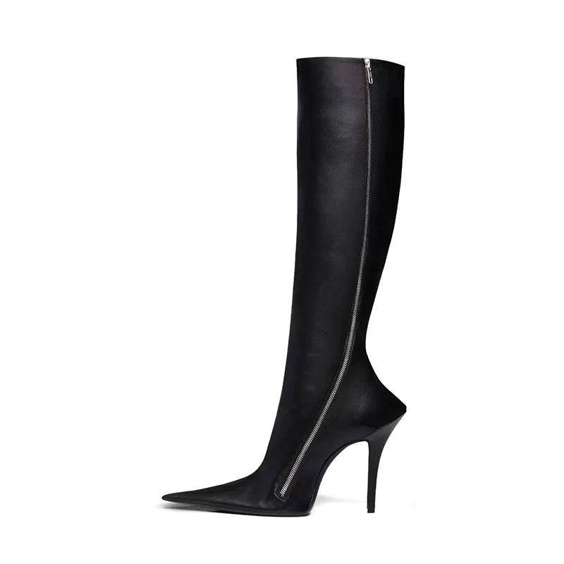 Pointed toe knee-high skinny boot with thin heel and side zipper