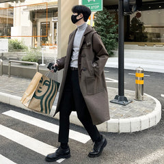 Korean-style Woolen Trench Men Horn Button Casual Long Windbreaker Winter Hooded Jacket Coats Fashion Trenchcoat