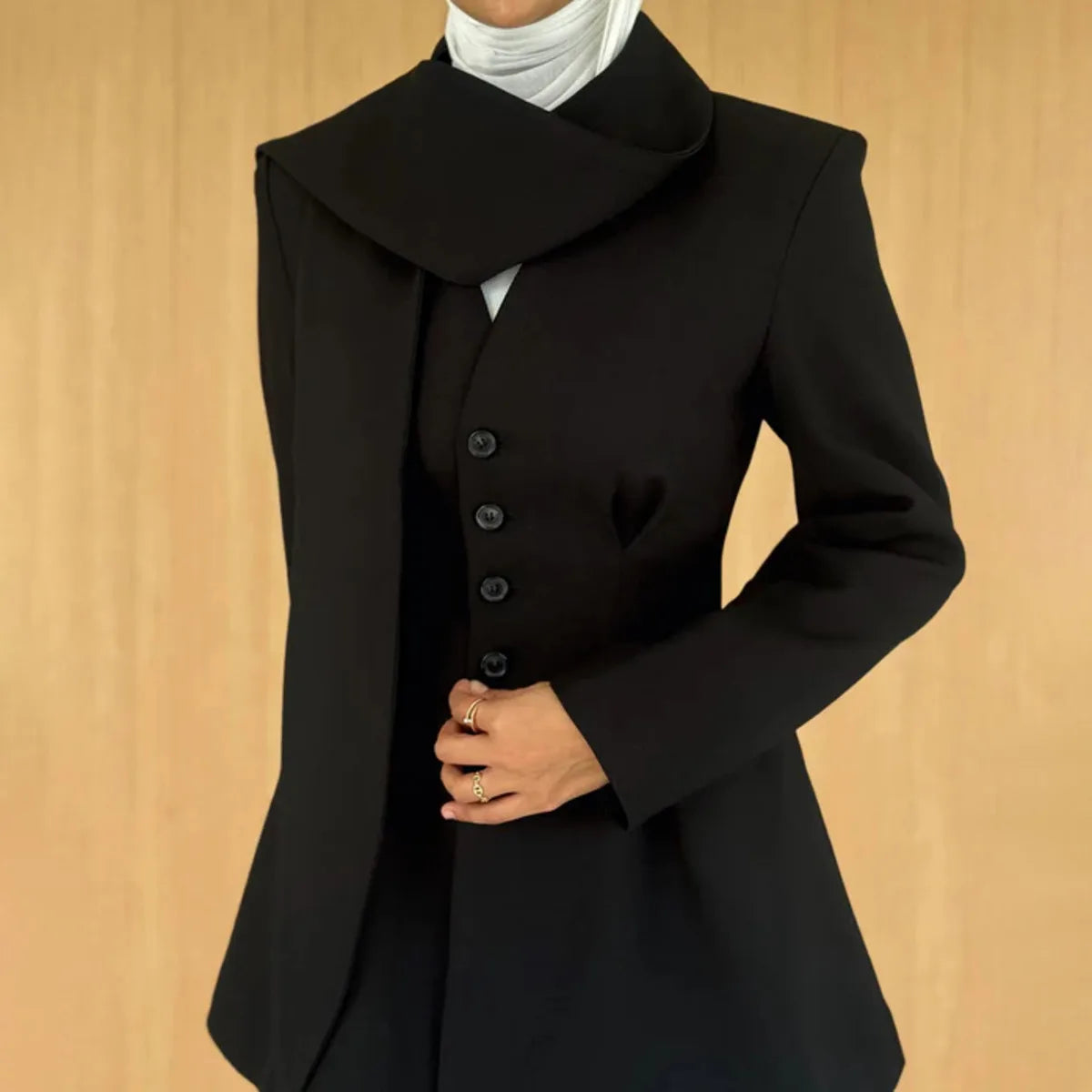 Asymmetric draped collar peplum blazer with structured shoulder