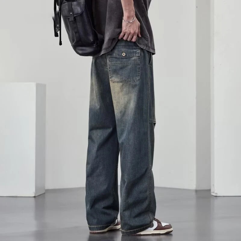 Autumn Men's Hip Hop Fashion Pleated Jeans High Street Straight-Leg Baggy Denim Trousers 2026 New Casual Drawstring Y2K jean