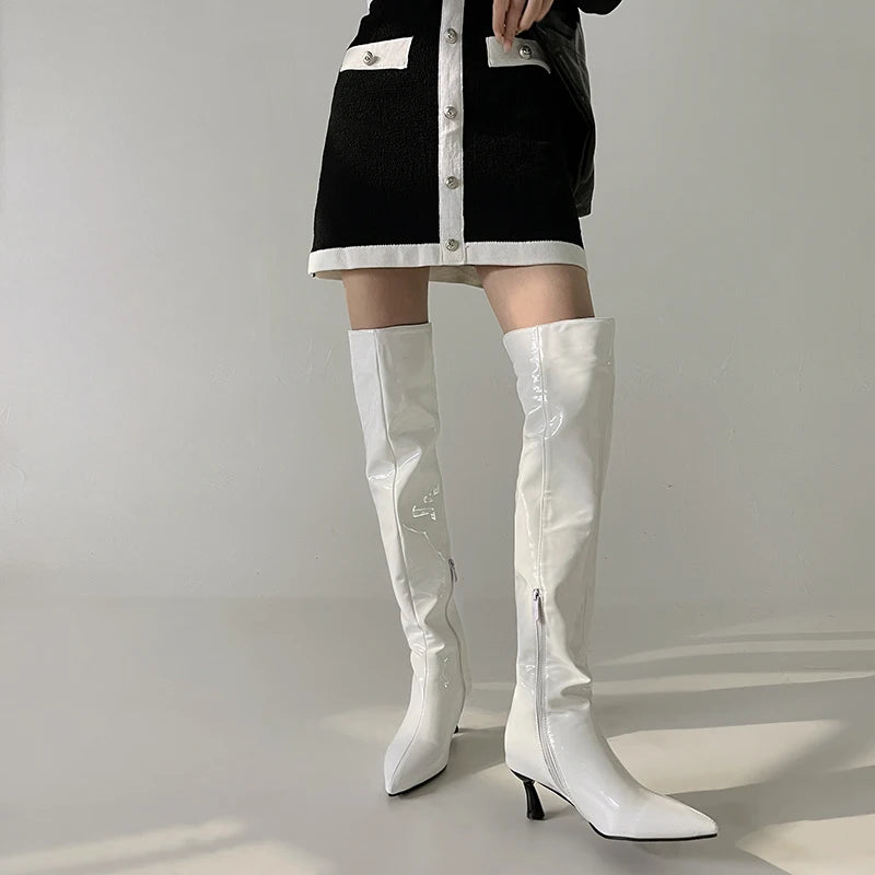 Pointed toe over-the-knee boot with kitten heel in glossy patent leather