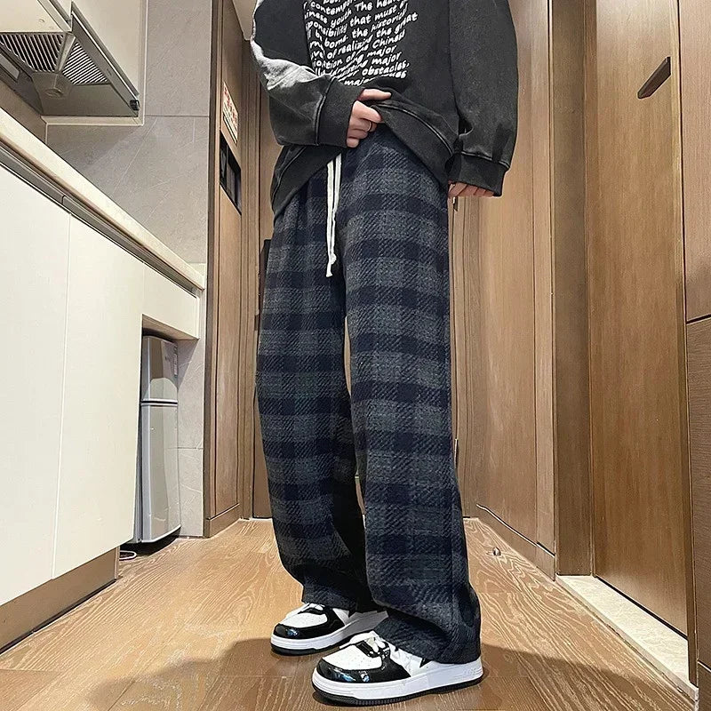 2026 New Y2K Vintage Plaid Baggy Trousers For Men High Street Woolen Straight-leg Pants Korean Fashion Hip Hop pantalones hombre