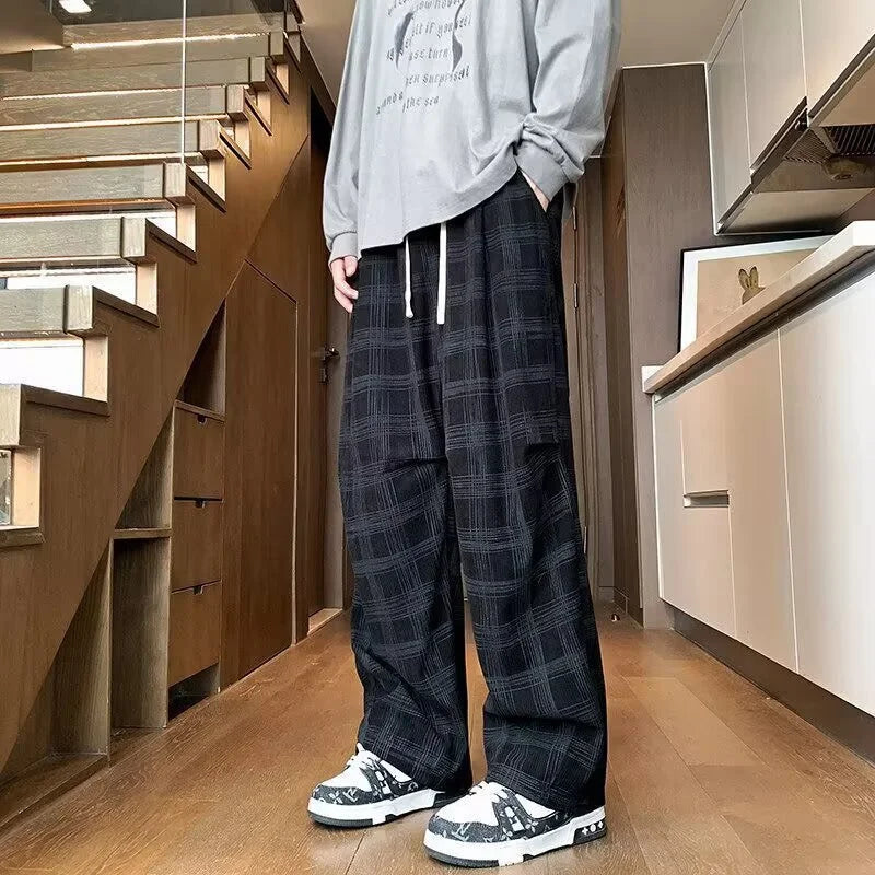 Spring Men's Plaid Distressed Baggy Pants 2026 New Casual Sports Loose Straight-Leg Sweatpants High Street Fashion Y2K Trousers