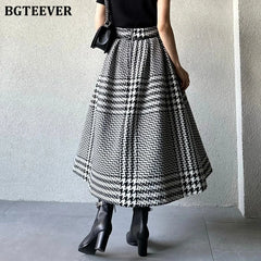 A-line plaid woolen skirt with pockets and high waist