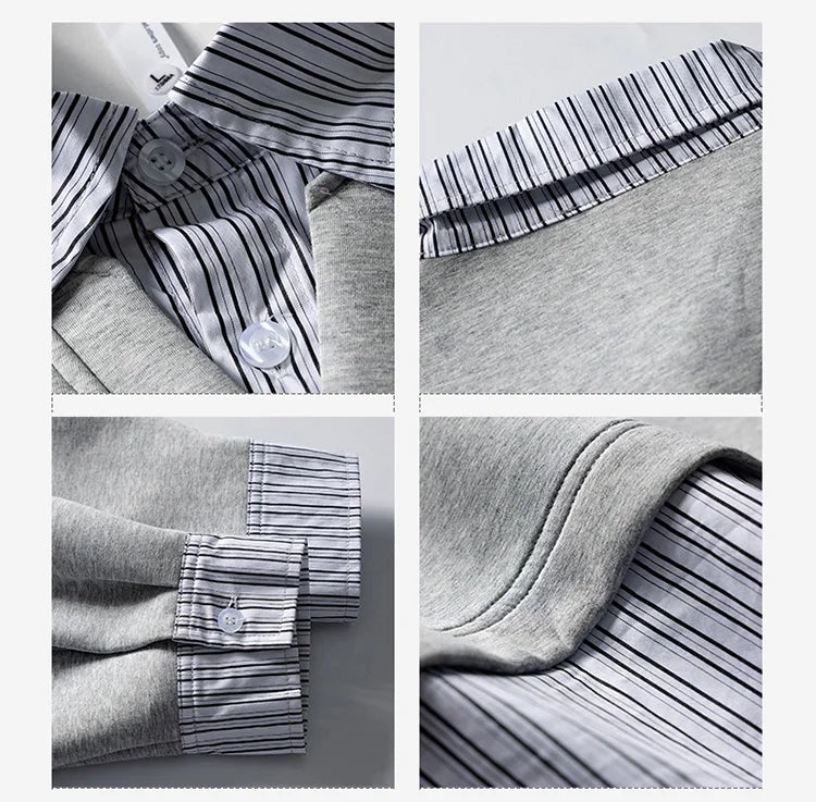 Autumn Splice Stripe Shirt Collar Oversize Sweatshirt Men Loose Casual Streetwear Fashion Pullover Sweatshirts Hoodie Tops