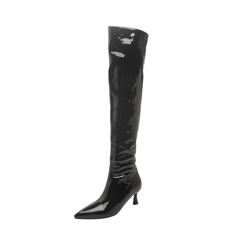 Pointed toe over-the-knee boot with kitten heel in glossy patent leather