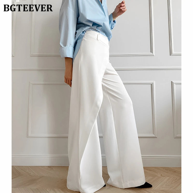 High waist straight patchwork long trousers in white
