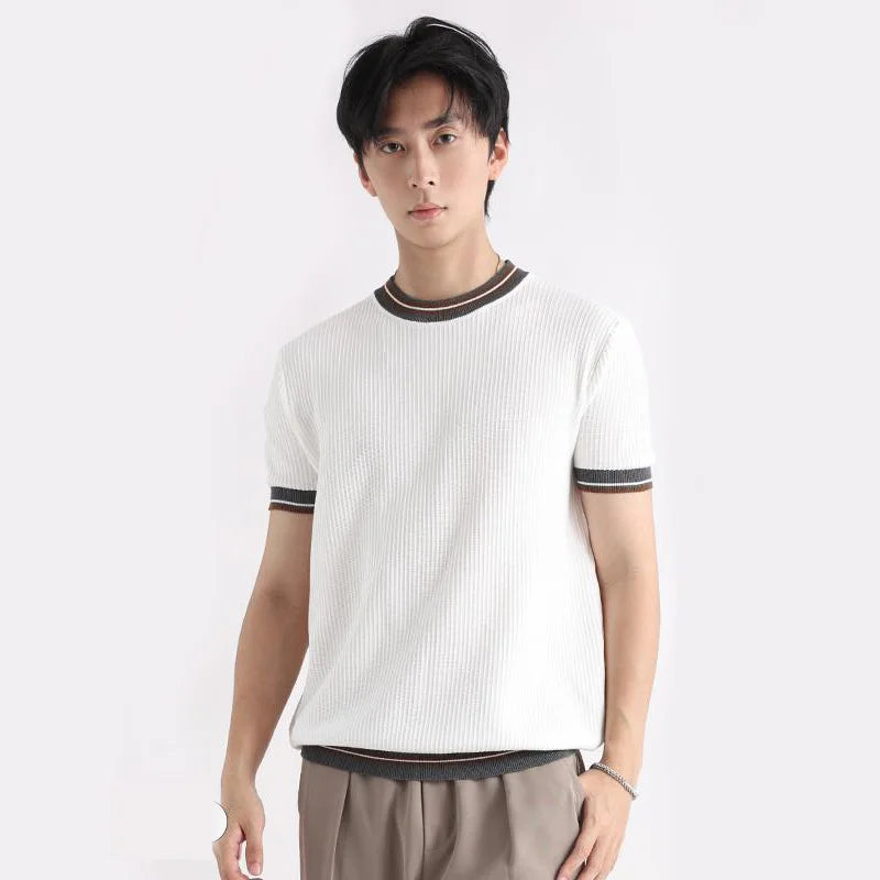 Men Summer Knitwear Vintage Fashion Loose Business Casual Short Sleeve Knitted T Shirts Man Cool Breathable Sweater T-shirt