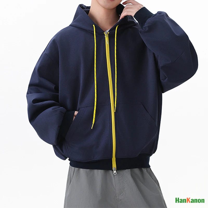 2025 Fall Unisex Color-Blocked Short Hooded Zip-Up Sweatshirt Loose Casual Hooded Sweatshirt Coat