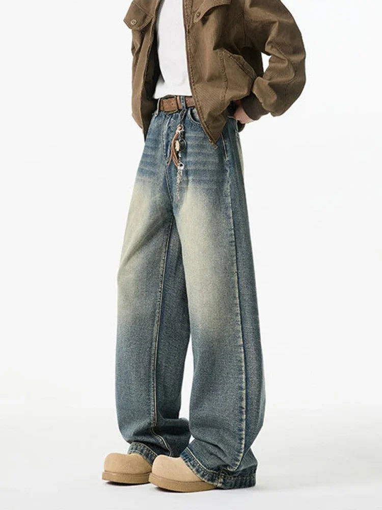 Autumn Men's Retro Washed Straight-Leg Jeans High Street Fashion Baggy Denim Pantalones Hombre New Hip Hop Distressed Y2K Jean