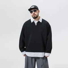 Autumn Splice Stripe Shirt Collar Oversize Sweatshirt Men Loose Casual Streetwear Fashion Pullover Sweatshirts Hoodie Tops