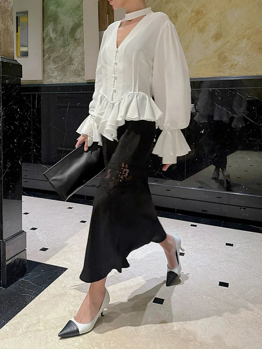 TWOTWINSTYLE White Loose Spliced Folds Chic Shirt for Women V Neck Long Sleeve Elegant French Shirts Female Summer Fashion New