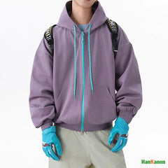 2025 Fall Unisex Color-Blocked Short Hooded Zip-Up Sweatshirt Loose Casual Hooded Sweatshirt Coat