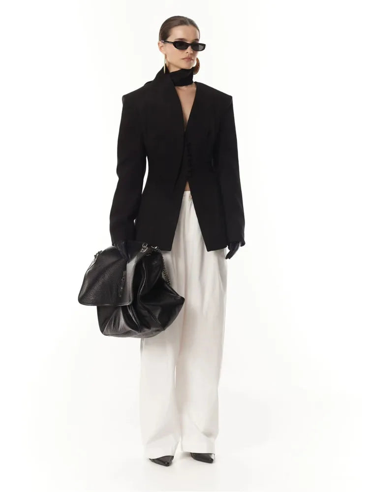 Black V neck asymmetric blazer with padded shoulders in slim fit