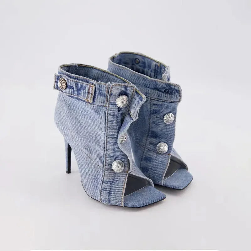 Square toe fishmouth denim button slipper with super high heel