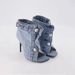 Square toe fishmouth denim button slipper with super high heel
