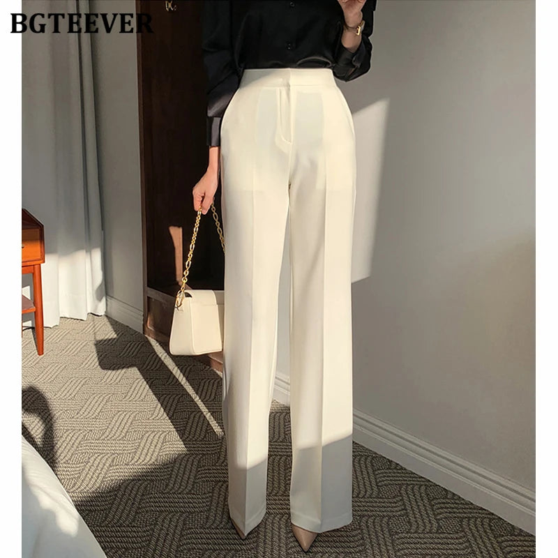 High waist wide-leg solid suit pants with pockets in loose fit