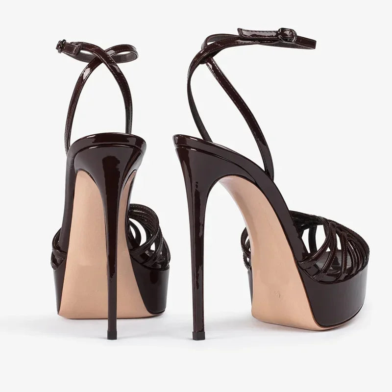 Pointed toe platform sandal with narrow band and thin heel