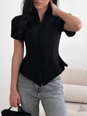 TWOTWINSTYLE Fashionable Irregular Hem Shirt for Women V Neck Lantern Sleeves Spliced Single Breasted Slimming Shirts Female New