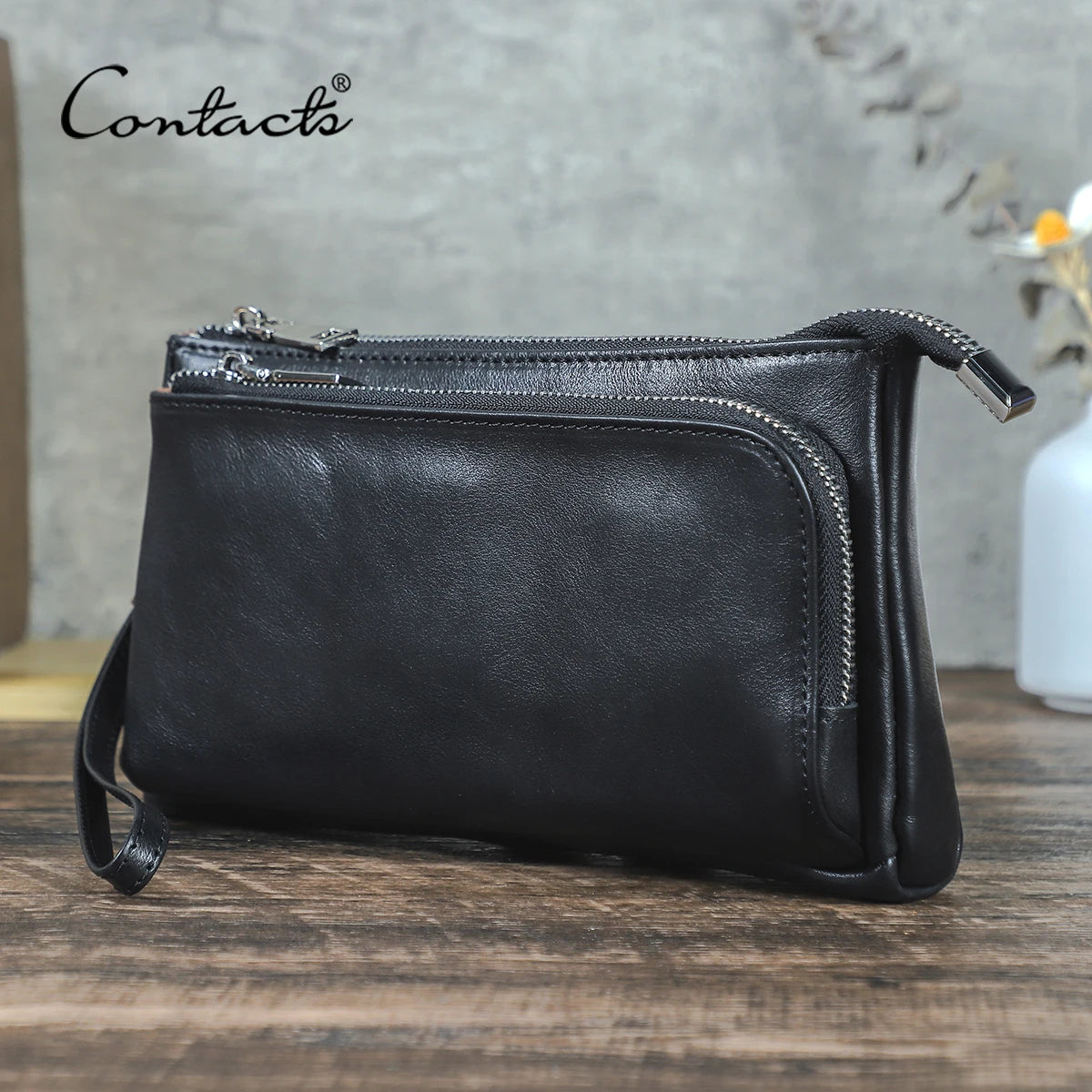 CONTACT'S Genuine Leather Men Clutch Bag Design Handbag Long Wallet Male Purse Travel Charge Storage Bag Cable Organizer