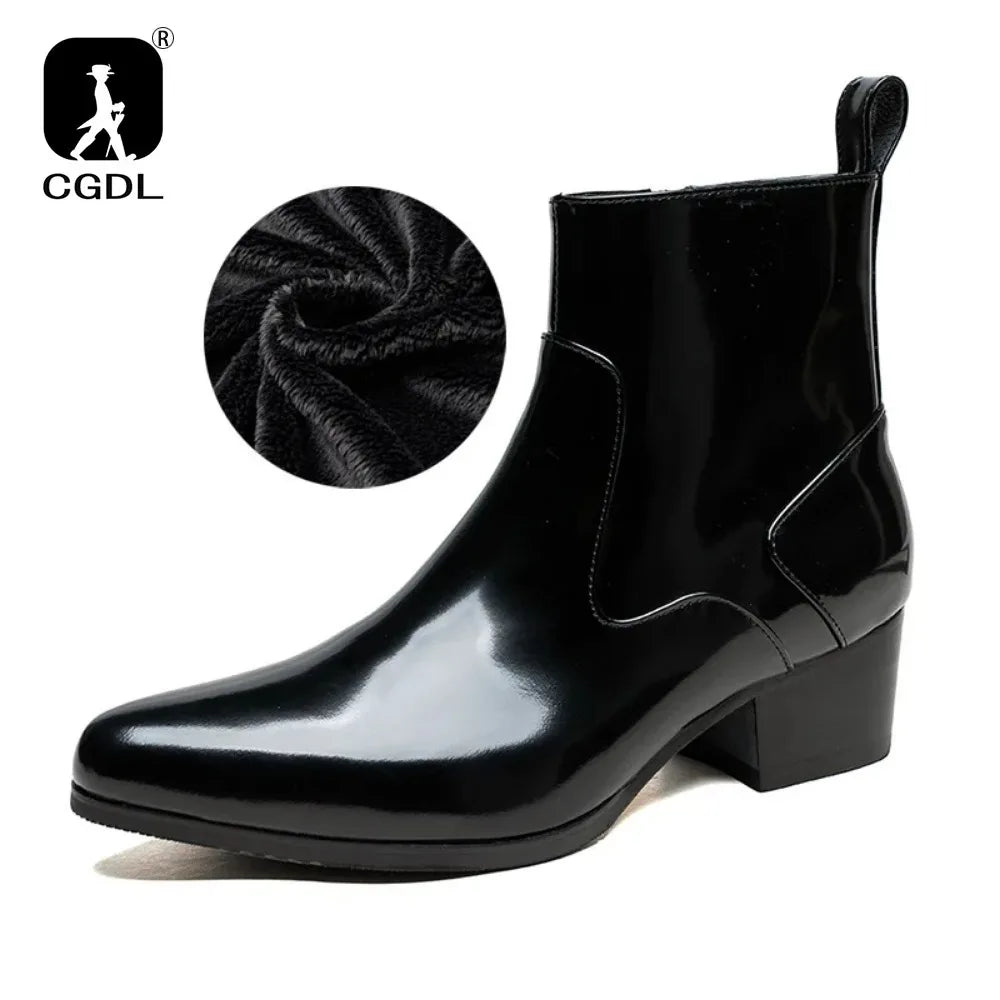 Patent Leather Mens Platform Boots with Heels Luxury Real Cow Leather Winter Warm Shoes Increase Height 5 Cm Side Zip No Laces