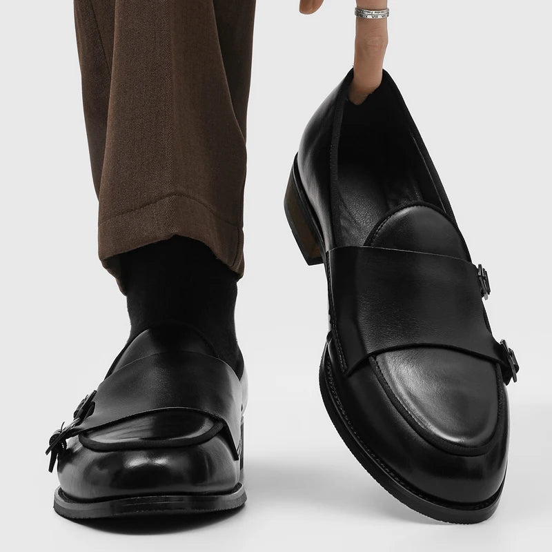 Men's Black Leather Loafers Double Monk Strap Slip-On Dress Shoes Formal Business Casual Shoes Comfortable Office Shoes 2026 New