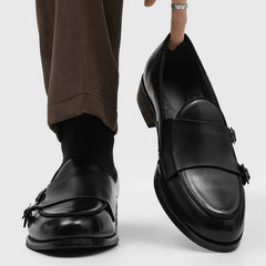 Men's Black Leather Loafers Double Monk Strap Slip-On Dress Shoes Formal Business Casual Shoes Comfortable Office Shoes 2026 New