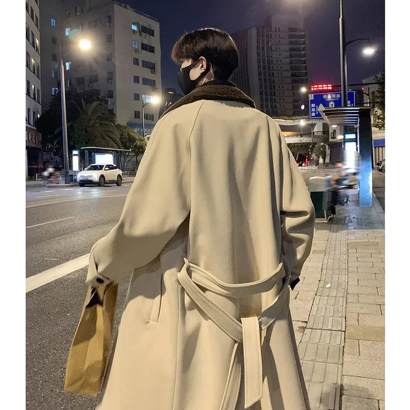 Men's Lamb wool Patchwork Woolen Overcoat Men High-end Stand Collar Casual Loose Korean Style Winter New Elegant Trench Coat
