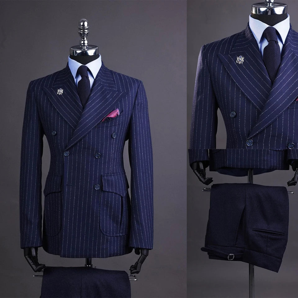 Navy Men's Suits Tailored 2 Pieces Blazer Pants Peaked Lapel Double Breasted Pinstripes New Wedding Groom Custom Made Plus Size