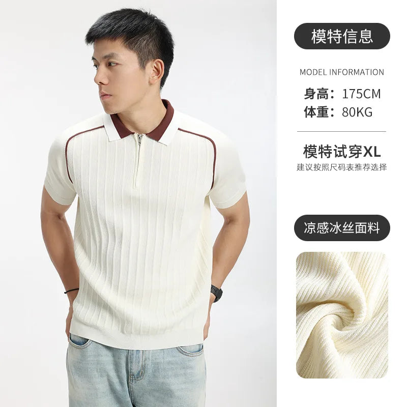 Summer Knitted T Shirts Men Vintage Fashion Business Casual Short Sleeve T-shirt Cool Breathable Sweater Polo Shirt Tops