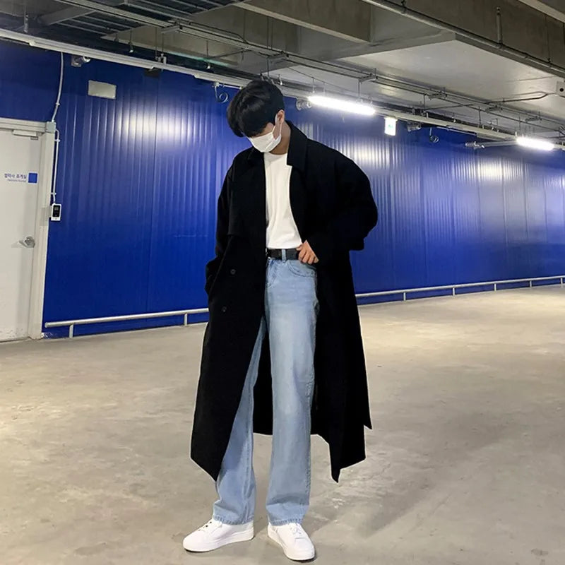 Trench Men Coat British Style Solid Double Breasted Oversize Leisure Long Coats Stylish Outwear Hombre Korean Style Windbreaker